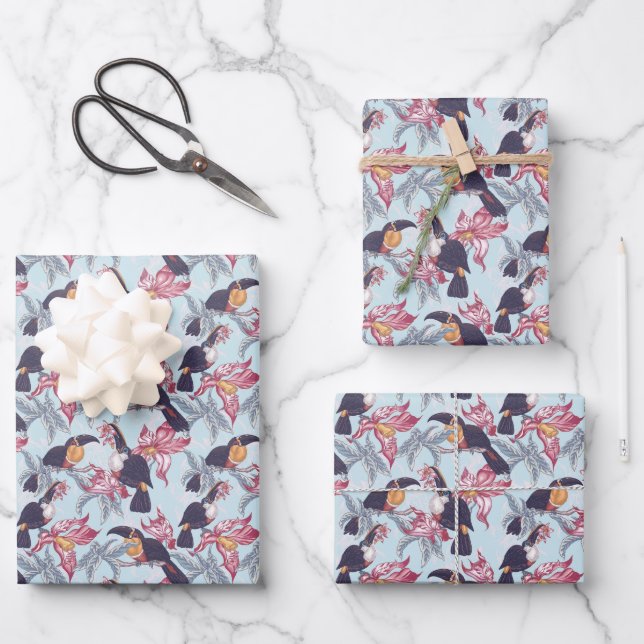 Feuille De Papier Cadeau Toucans Avec Fleurs Exotiques (Recto)