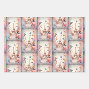 Feuille De Papier Cadeau Tour Eiffel Papillon et Fleurs Motif