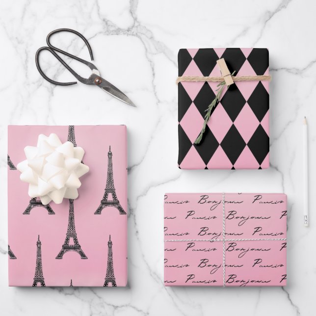 Feuille De Papier Cadeau Tour Eiffel rose Paris (Recto)