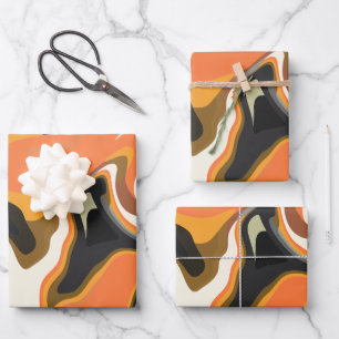 Feuille De Papier Cadeau Tourbillon abstrait en orange, noir et blanc