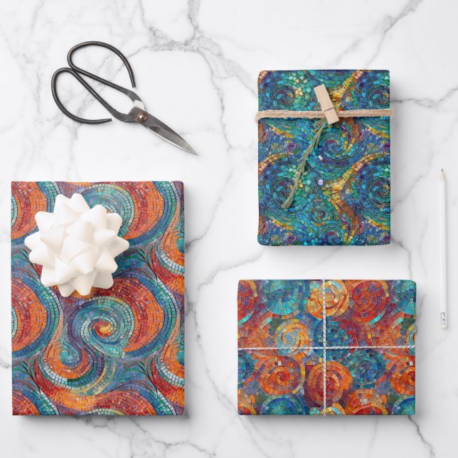 Feuille De Papier Cadeau Tourbillon bleu rouge orange (Recto)