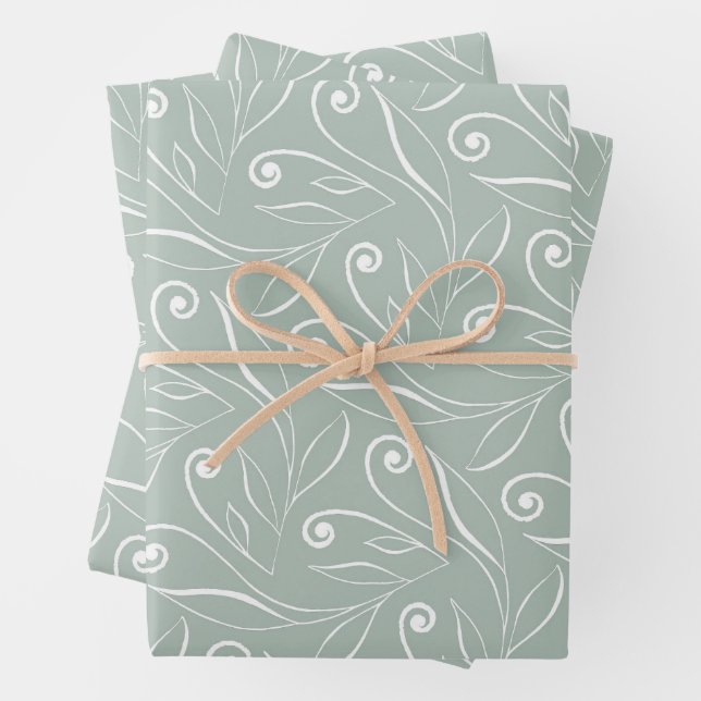 Feuille De Papier Cadeau Tourbillons Floraux Vert Terreux (En situation)