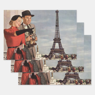 Feuille De Papier Cadeau Touristes vintage à la Tour Eiffel, vacances à Par