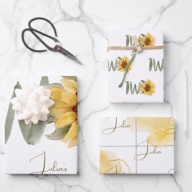 Feuille De Papier Cadeau Tournesol d'aquarelle deuxième anniversaire (Recto)