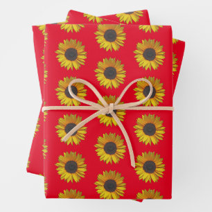 Feuille De Papier Cadeau Tournesol Floral Modèle Sur Rouge