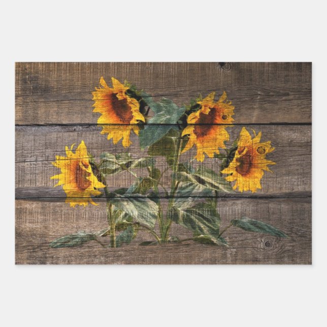 Feuille De Papier Cadeau Tournesol rustique en bois (Devant 2)
