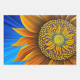 Feuille De Papier Cadeau Tournesol rustique sur bleu