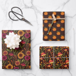 Feuille De Papier Cadeau Tournesols, Citrouilles et champignons Brown