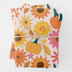 Feuille De Papier Cadeau Tournesols et Citrouille Motif d'automne