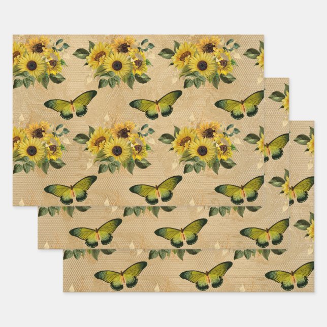 Feuille De Papier Cadeau Tournesols et papillons (Lot)