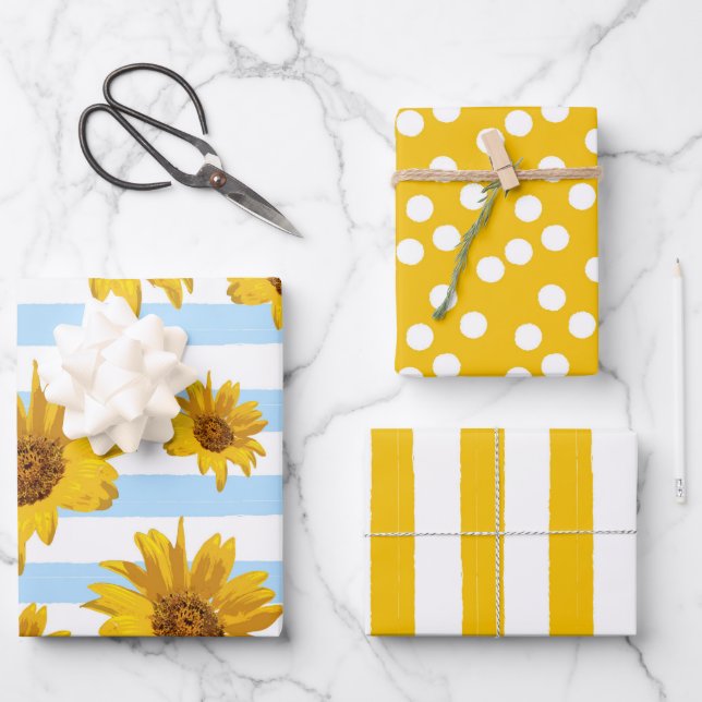 Feuille De Papier Cadeau Tournesols Jaunes Et Tirures Motif (Recto)