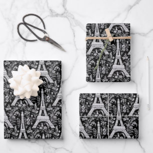 Feuille De Papier Cadeau Tours Eiffel et fleurs Noir