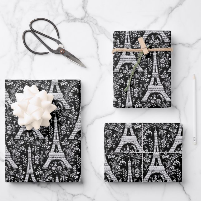 Feuille De Papier Cadeau Tours Eiffel et fleurs Noir (Recto)