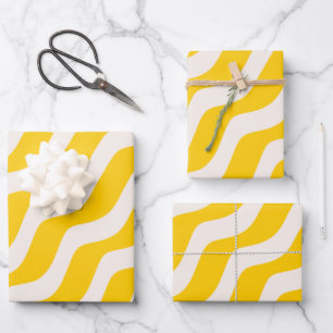 Feuille De Papier Cadeau Traces psychédéliques jaunes Lignes ondulées rétro
