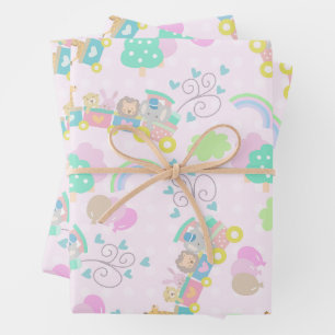 Feuille De Papier Cadeau Train Animaux roses