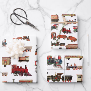 Feuille De Papier Cadeau Train Jouet vintage Motif Trains colorés