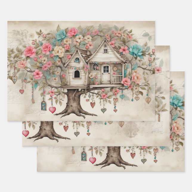 Feuille De Papier Cadeau Treehouse avec fleurs (Lot)