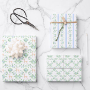 Feuille De Papier Cadeau Trellis bleu et vert Holly avec Cerf
