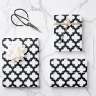 Feuille De Papier Cadeau Trellis, Réseau, Quatrefeuille blanc et noir