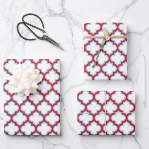 Feuille De Papier Cadeau Trellis, Réseau, Quatrefeuilles Blanc et Rouge