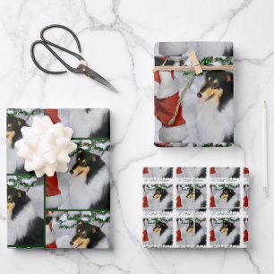 Feuille De Papier Cadeau Tricolore Collie et Père Noël Christmas