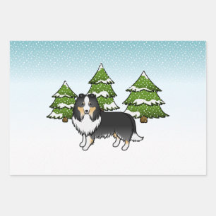 Feuille De Papier Cadeau Tricolore Shetland Sheepdog Dans Une Forêt D'Hiver