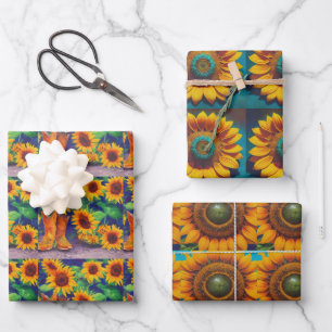 Feuille De Papier Cadeau Trio Carreaux de tournesol