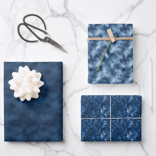 Feuille De Papier Cadeau Trio d'aquarelle bleue (Recto)