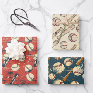 Feuille De Papier Cadeau Trio de baseball rétro 3