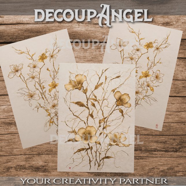 Feuille De Papier Cadeau Trio de fleurs d'or - Découpage - (Créateur téléchargé)