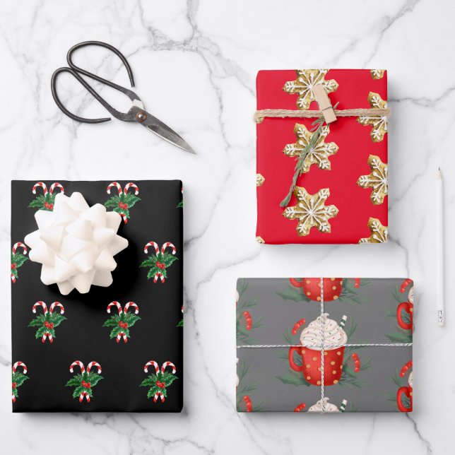 Feuille De Papier Cadeau Trio de friandises de Noël (Recto)