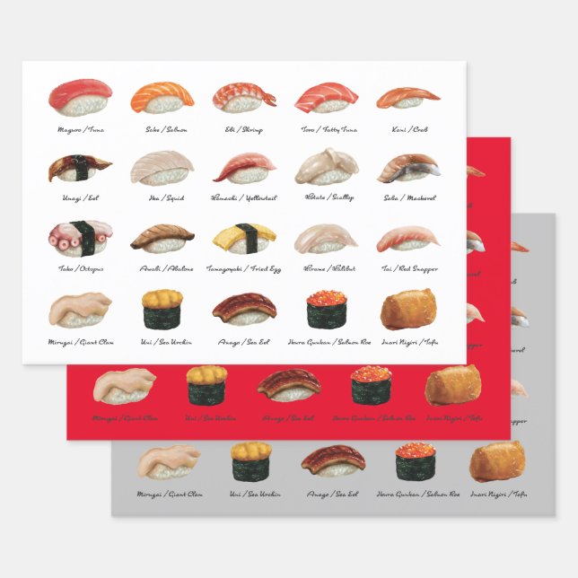 Feuille De Papier Cadeau Trio de Sushi Chart amusant (Lot)