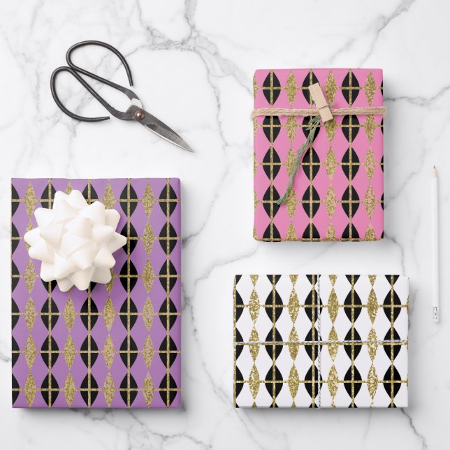 Feuille De Papier Cadeau Trio Diamond & Gold Grid V (Recto)