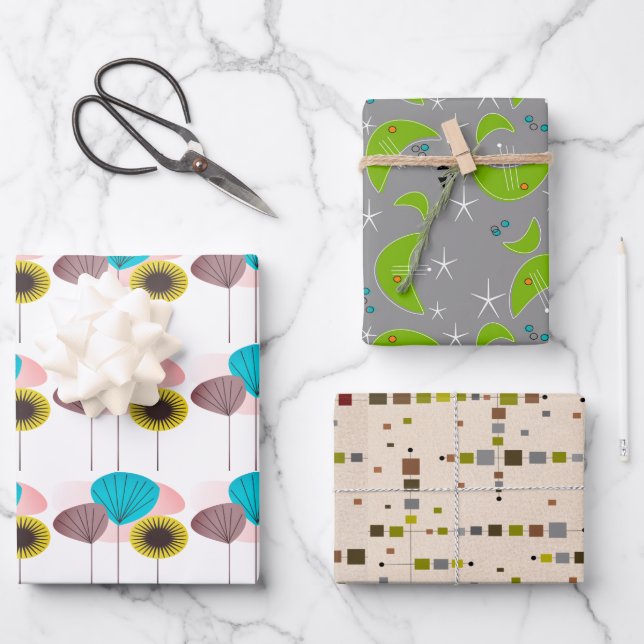 Feuille De Papier Cadeau Trio moderne du milieu du siècle (Recto)