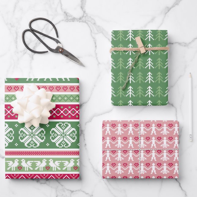 Feuille De Papier Cadeau Trio nordique rose et vert (Recto)