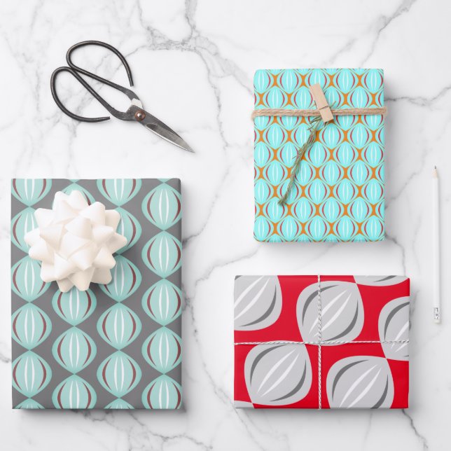 Feuille De Papier Cadeau Trio Retro Atomic Art Baubles (Recto)