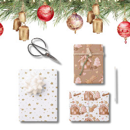 Feuille De Papier Cadeau Trio rose Brown pain d'épices Maisons Étoiles cann