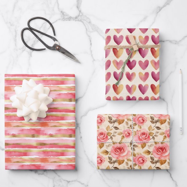 Feuille De Papier Cadeau Trio rose et or (Recto)