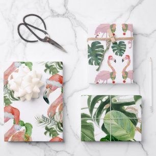 Feuille De Papier Cadeau Trio Tropical Rose Flamant rose de Noël Santa Hat