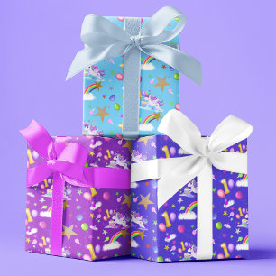 Feuille De Papier Cadeau Trois Couleurs 1er Anniversaire Motif Licorne