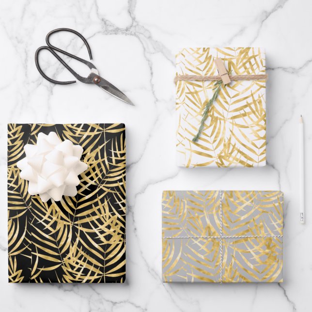 Feuille De Papier Cadeau Tropical Arbres de palmiers d'or (Recto)