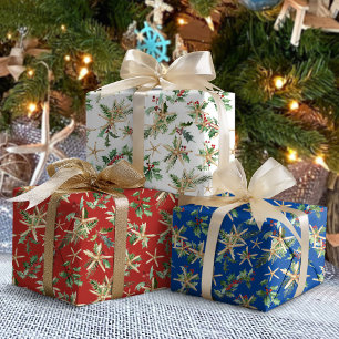 Feuille De Papier Cadeau Tropical Beach Christmas Starfish et Holly