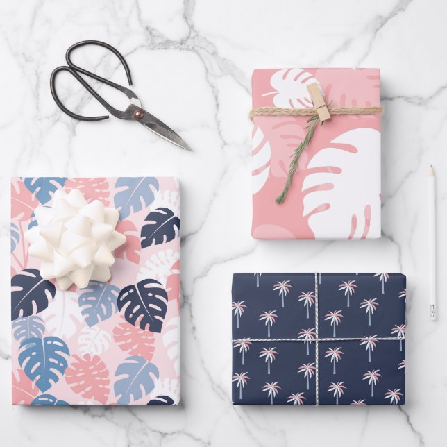 Feuille De Papier Cadeau Tropical Navy, Blush Pink assortis  (Recto)