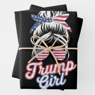 Feuille De Papier Cadeau Trump Girl Messy Bun Vintage États-Unis drapeau am
