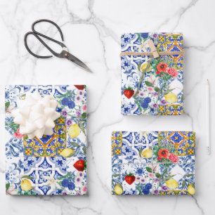 Feuille De Papier Cadeau tuiles méditerranéennes, citron, fleurs, majolica,