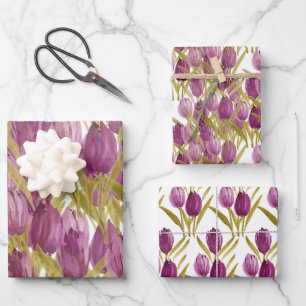 Feuille De Papier Cadeau Tulipes pourpres Elégante aquarelle