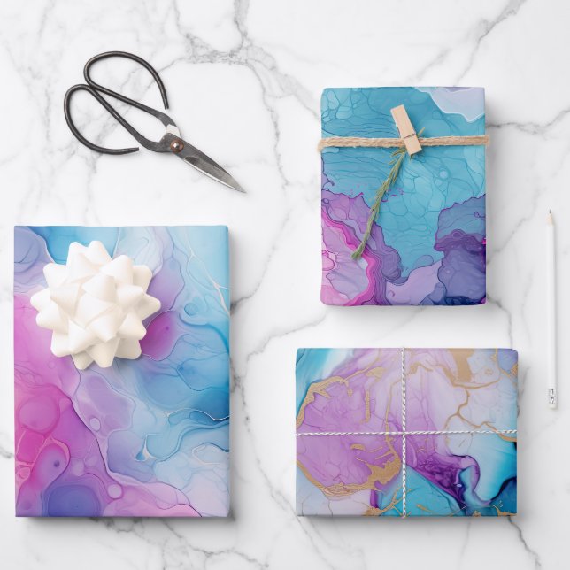 Feuille De Papier Cadeau Turquoise Aqua Marbre rose violet Anniversaire (Recto)