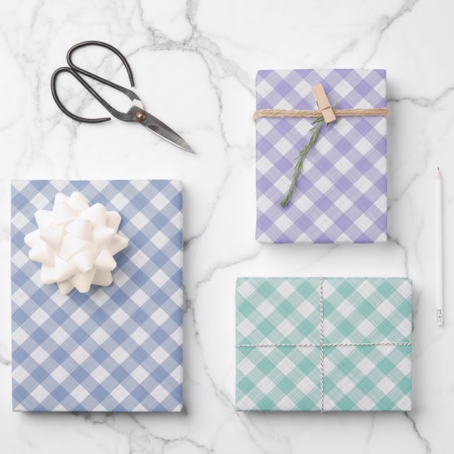 Feuille De Papier Cadeau Turquoise clair En vichy bleu violet (Recto)