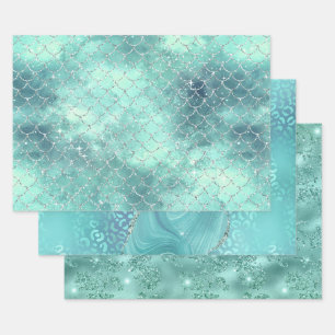 Feuille De Papier Cadeau Turquoise Glam Paillettes scintillantes Motifs élé