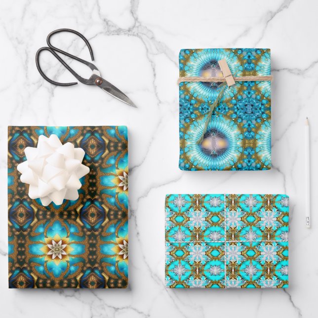Feuille De Papier Cadeau Turquoise Lotus Fractal Motif (Recto)